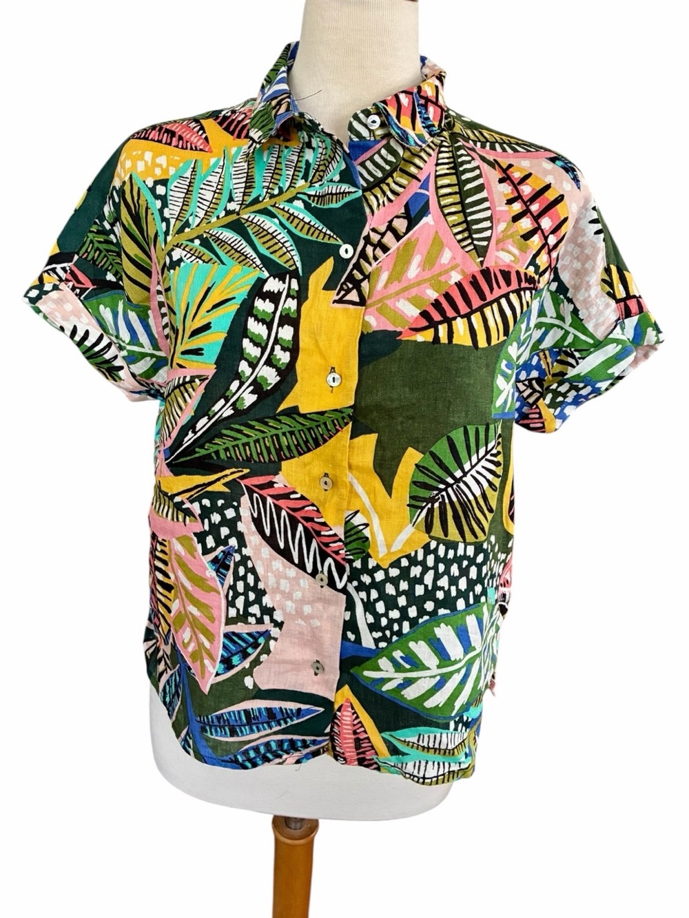 Cynthia Rowley 100% Linen Tropical Print Button Front Top Women's US Small